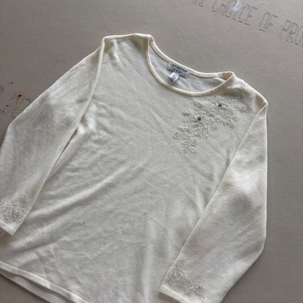 Y2K Covington Beaded Knit Sweater Cream XL